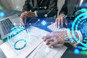 Two business people working together on it project. Brainstorm concept. Hi-tech hologram. Multiexposure.