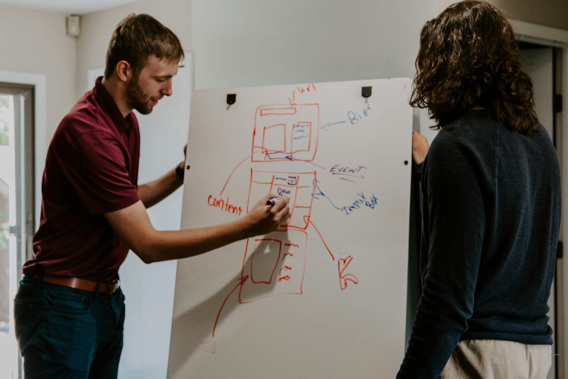 Two people planning a website layout on a whiteboard.