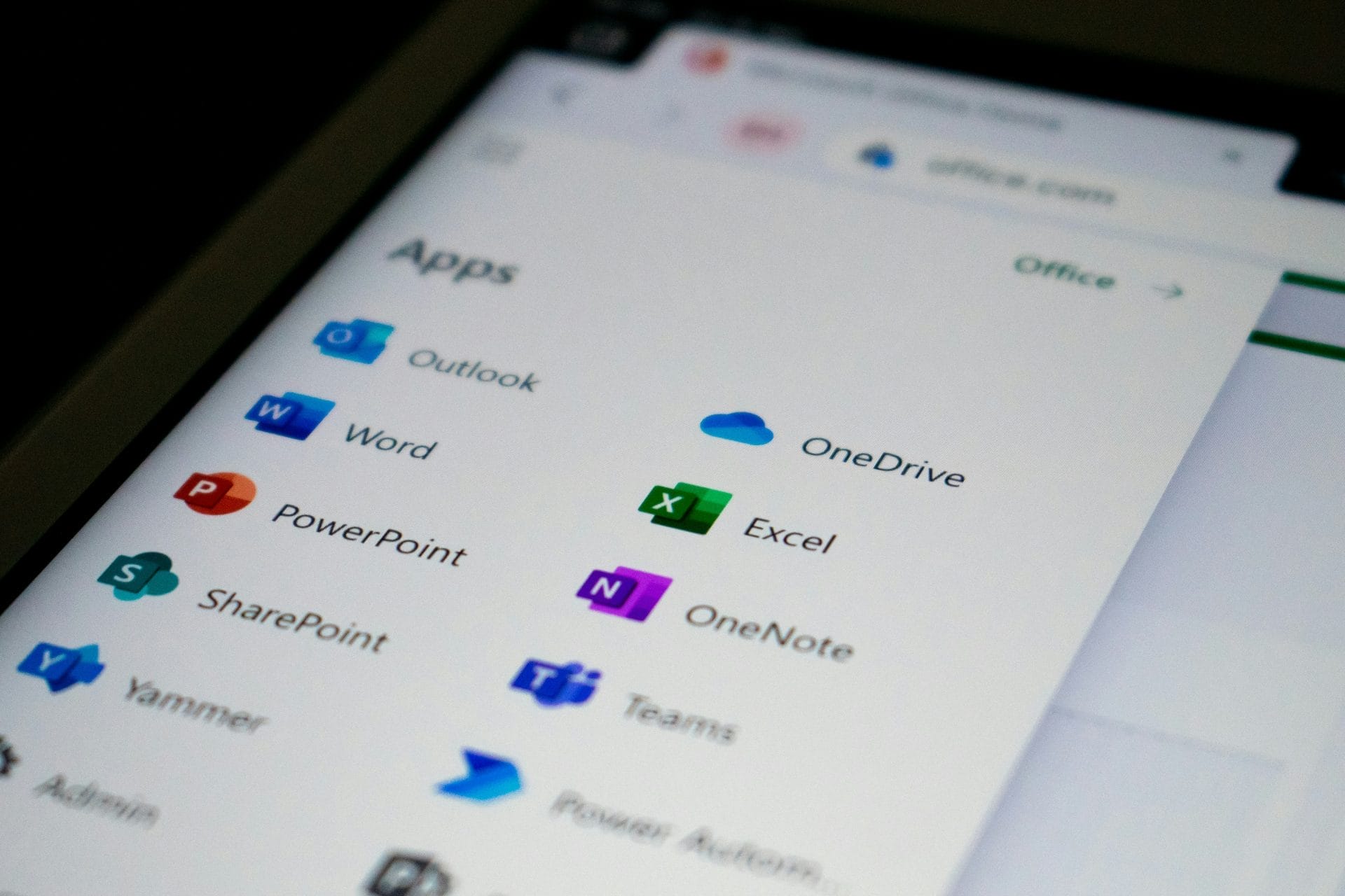 Microsoft Office 365 app menu showing Outlook, Word, Excel, PowerPoint, OneDrive, and other apps.